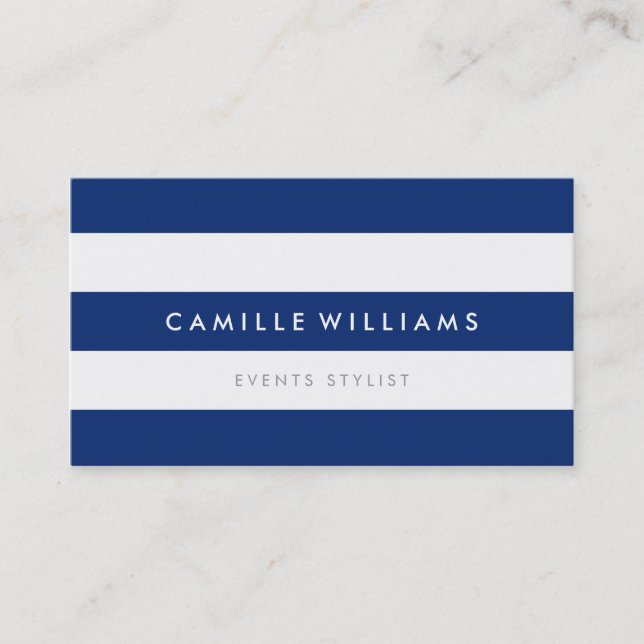 MODERN MINIMAL wide stripe pattern navy blue white Business Card (Front)
