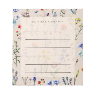 Modern Minimal Wildflower Meadow w/ Name Champagne Notepad