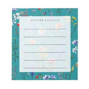 Modern Minimal Wildflower Meadow w/ Name Teal Notepad