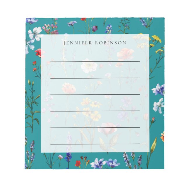 Modern Minimal Wildflower Meadow w/ Name Teal Notepad (Front)