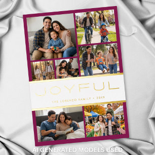 Modern Minimal Wine White 7 Photo Collage Joyful Foil Holiday Card