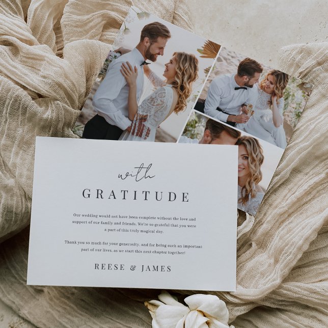 Modern Minimal "With Gratitude" 3 Photo Wedding Thank You Card (Creator Uploaded)