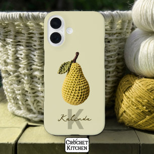 Modern Minimal Yellow Crochet Pear Monogram Name iPhone 16 Case