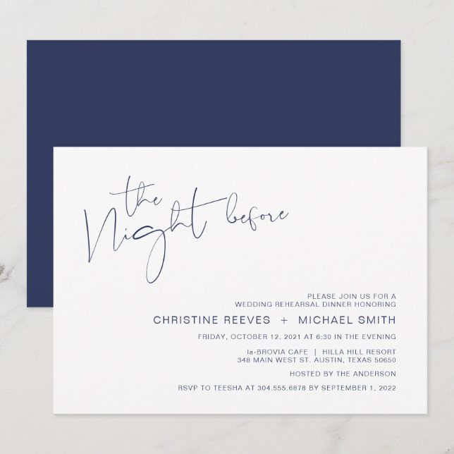 Modern Minimalism Navy BlueScript Rehearsal Dinner Invitation (Front/Back)