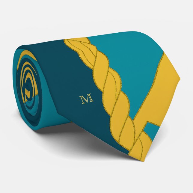 Modern Minimalism Teal Gold Braid Elegant Monogram Tie (Rolled)