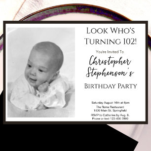 Modern Minimalist 102nd Birthday Photo Invitation
