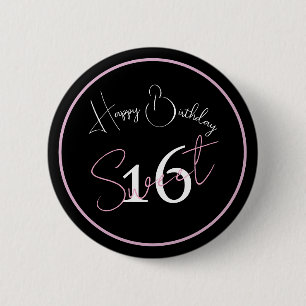 Modern Minimalist 16th Black Pink Birthday Button