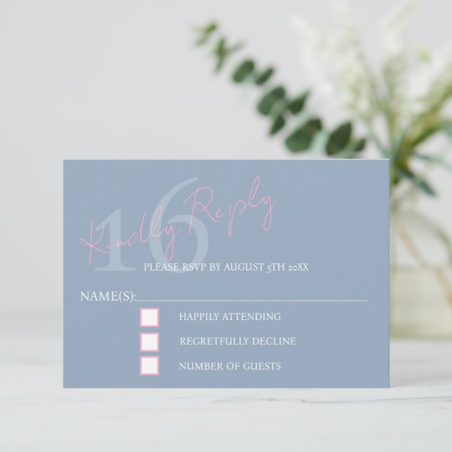 Modern Minimalist 16th RSVP Pink Blue Birthday Card (Standing Front)
