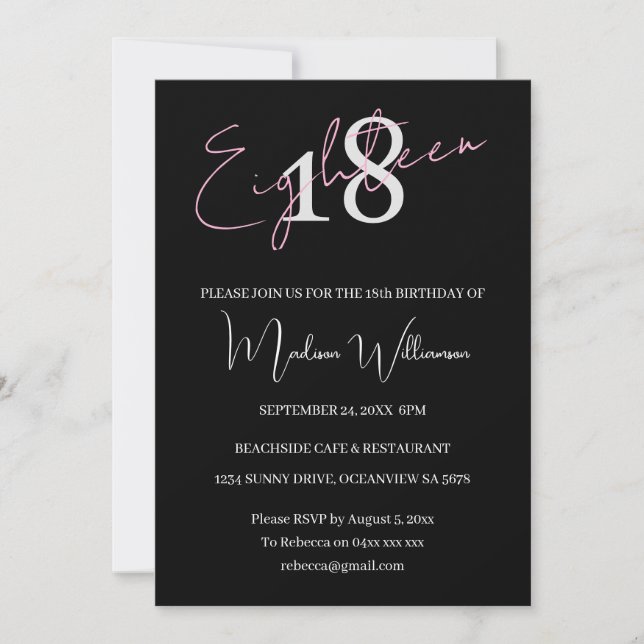 Modern Minimalist 18 Black Pink Birthday  Invitation (Front)
