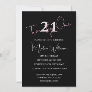 Modern Minimalist 21st Black Pink Birthday Invitation