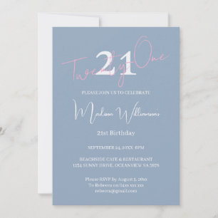 Modern Minimalist 21st Pink Blue Birthday Invitation