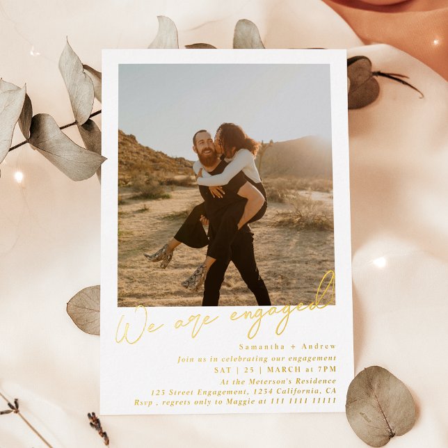 Modern minimalist 2 photos engagement party (Modern minimalist 2 photos engagement party foil invitation)