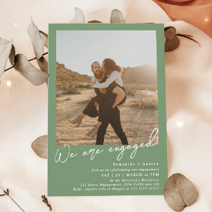Modern minimalist 2 photos engagement party green invitation