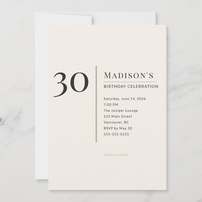 Modern Minimalist 30th Adult Birthday Celebration Invitation (Front)