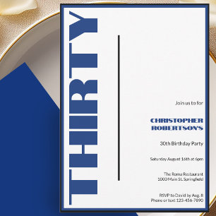 Modern Minimalist 30th Birthday Blue and Black Invitation