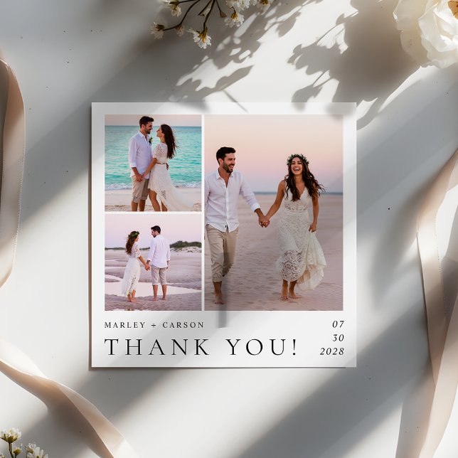Modern Minimalist 3 Photo Collage Wedding Square Thank You Card (Creator Uploaded)