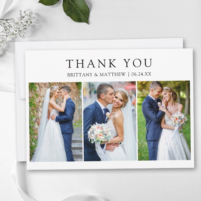 Modern Minimalist 3 Photo Wedding Thank You Card (Customize to change text size or text style.)