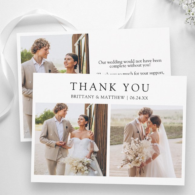 Modern Minimalist 3 Photos Wedding Thank You Card (Customize to change text size or text style.)