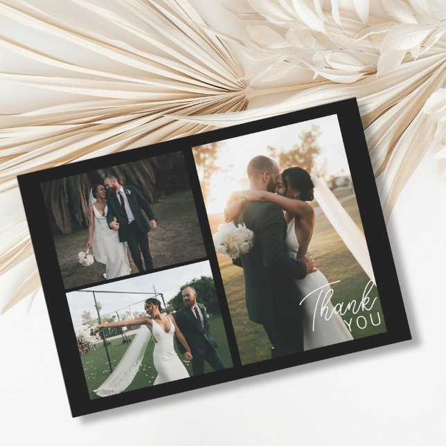 Modern Minimalist 3 Photos Wedding Thank you Card (Modern minimalist 3 photos Black "Thank you" Card.)