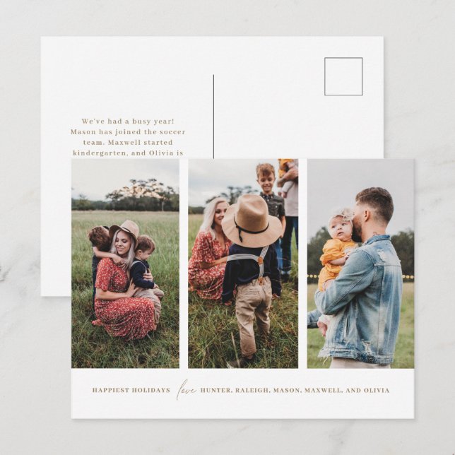 Modern Minimalist 3 Vertical Photos Holiday Card (Front/Back)