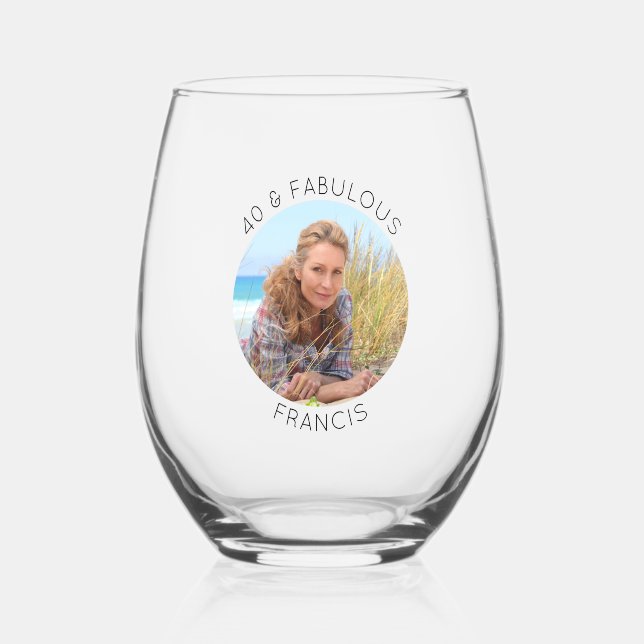 Modern Minimalist 40 & Fabulous Circle Photo Stemless Wine Glass (Front)
