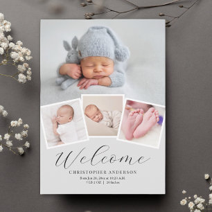 Modern Minimalist 4 Photo Collage Baby Boy Birth Announcement