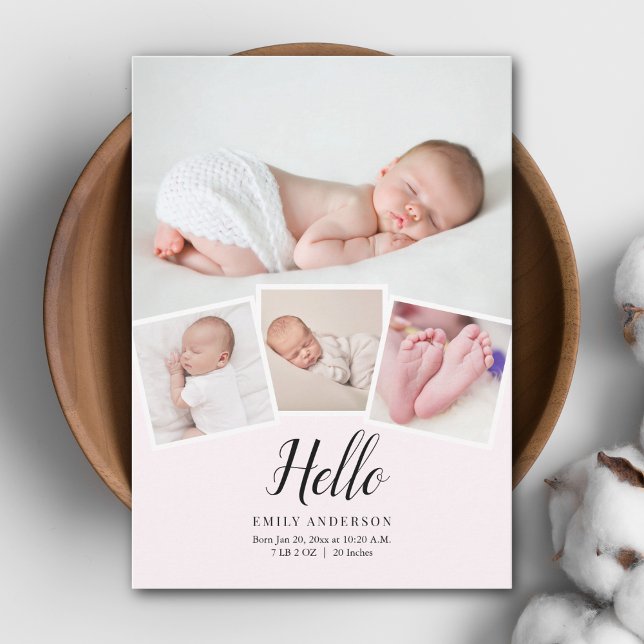 Modern Minimalist 4 Photo Collage Baby Girl Birth Announcement (Creator Uploaded)