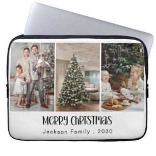 Modern Minimalist 4 Photo Collage Family Name Year Laptop Sleeve