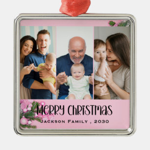 Modern Minimalist 4 Photo Collage Family Name Year Metal Tree Decoration