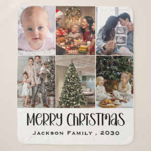 Modern Minimalist 4 Photo Collage Family Name Year Sherpa Blanket