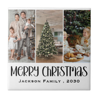 Modern Minimalist 4 Photo Collage Family Name Year Tile