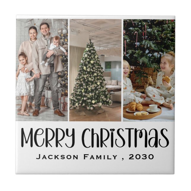 Modern Minimalist 4 Photo Collage Family Name Year Tile (Front)