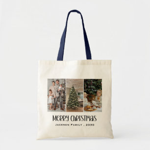 Modern Minimalist 4 Photo Collage Family Name Year Tote Bag