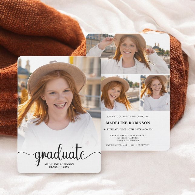 Modern Minimalist 4-Photo script chic Graduation Invitation (Modern Minimalist 4-Photo script chic Graduation Invitation)