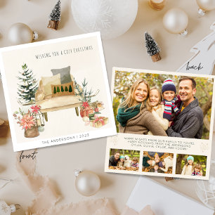 Modern Minimalist 4 photo Watercolor Illustration Holiday Card