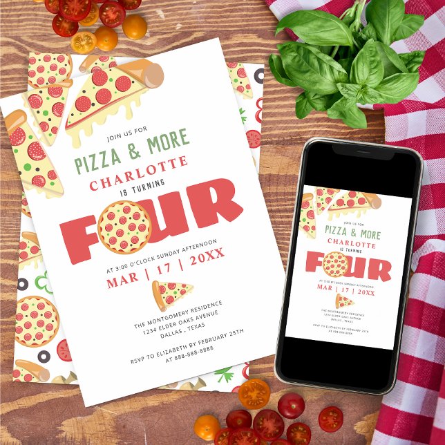 Modern Minimalist 4th Birthday Pizza Party Girl Invitation (Creator Uploaded)