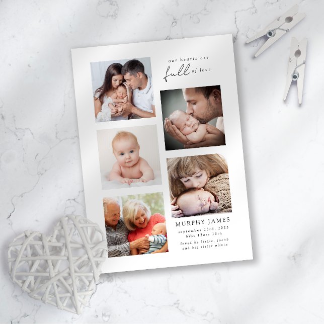 Modern Minimalist 5 Photo Baby Birth Announcement (Creator Uploaded)