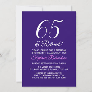 Modern Minimalist 65 and Retired Purple Retirement Invitation
