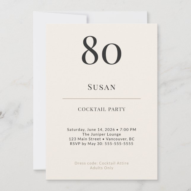 Modern Minimalist 80th Birthday Cocktail Party Invitation (Front)