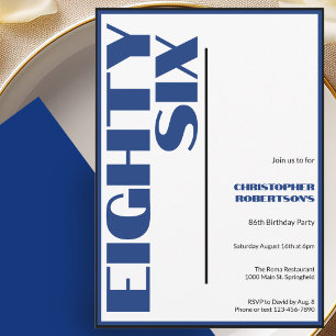 Modern Minimalist 86th Birthday Blue and Black Invitation