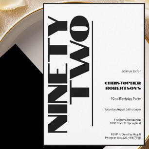 Modern Minimalist 92nd Birthday Black and White Invitation