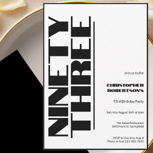 Modern Minimalist 93rd Birthday Black and White Invitation