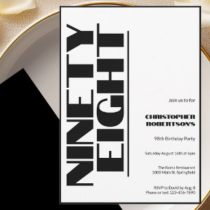 Modern Minimalist 98th Birthday Black and White Invitation