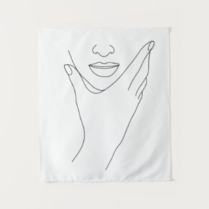 Modern Minimalist Abstract Face Line Art Drawing Tapestry