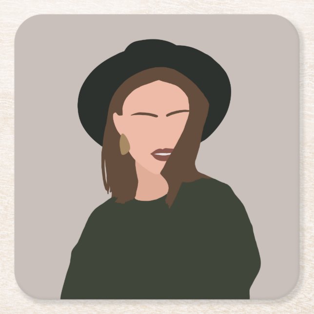 Modern Minimalist Abstract Girl in Hat Beverage Co Square Paper Coaster (Front)
