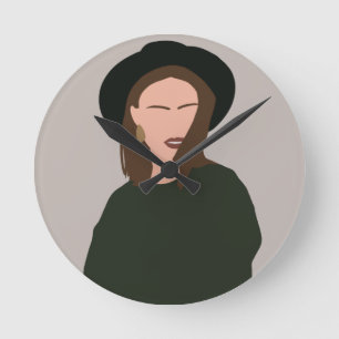 Modern Minimalist Abstract Girl in Hat Round Clock