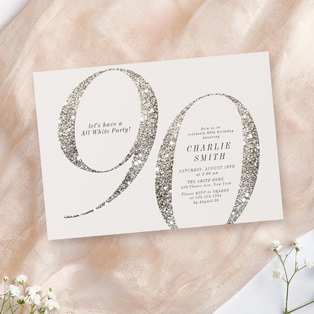 Modern minimalist all white party 90th birthday invitation (Modern minimalist all white party 90th birthday invitation)