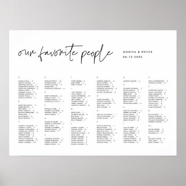 Modern Minimalist Alphabetical seating chart (Front)
