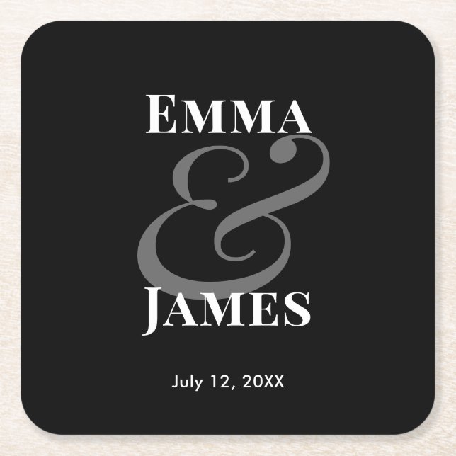 Modern Minimalist Ampersand Wedding | Reverse  Square Paper Coaster (Front)