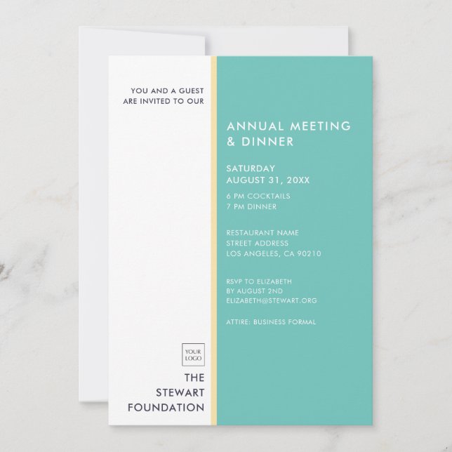 Modern Minimalist Aqua and Gold Business Dinner Invitation (Front)